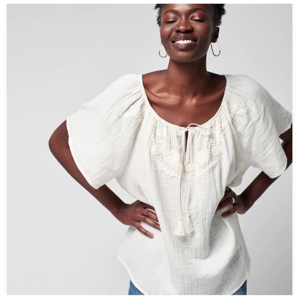 FAHERTY Bohemian Cottagecore Embroidered Organic Cotton Trapeze Top Size S NWT